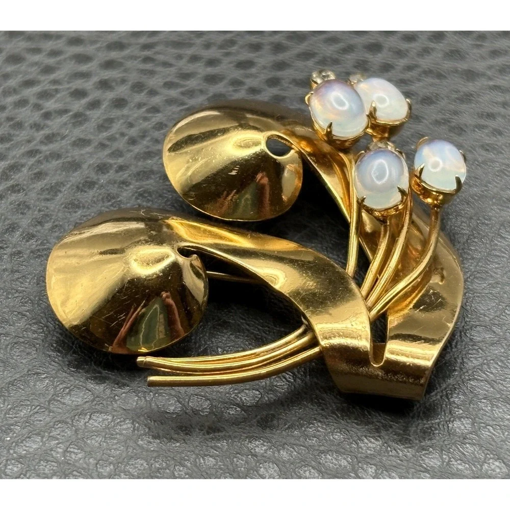 Vintage Coro Pegasus Faux Opal Glass Rhinestone Floral Brooch Modernist